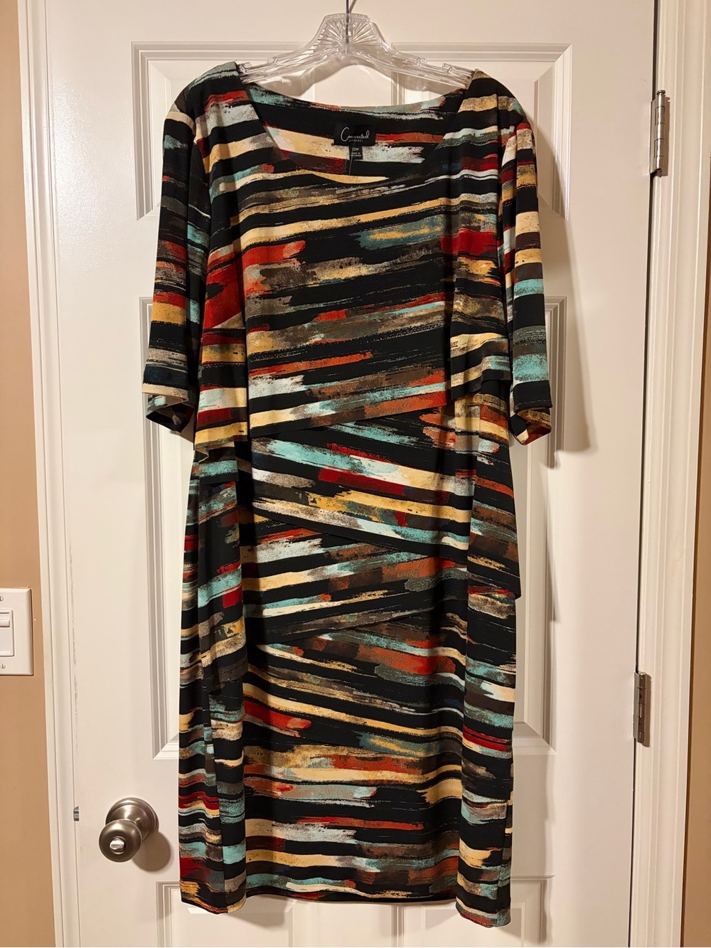 connected apparel Long Sleeve Abstract Stripe Shift Dress - Black Multi